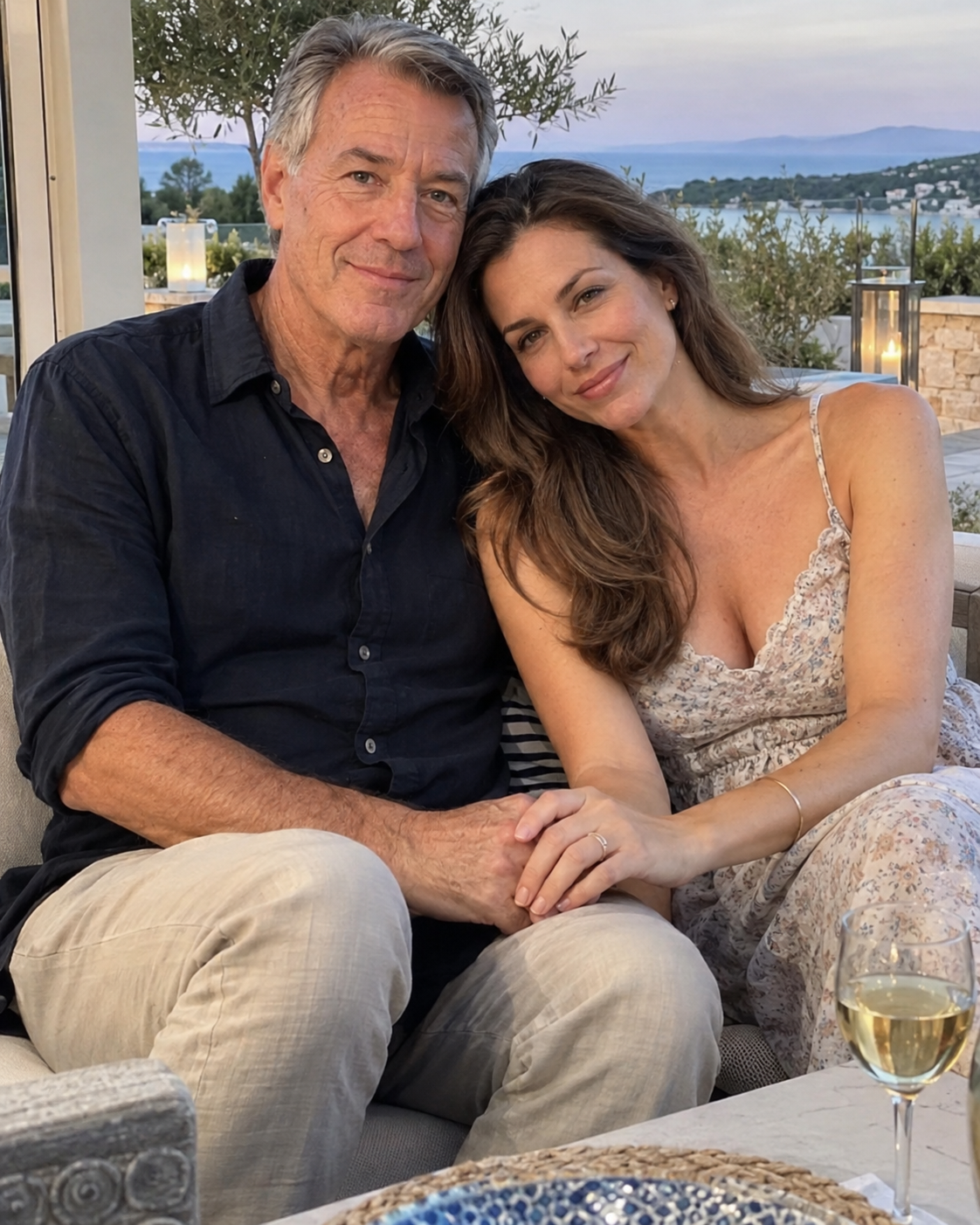 A man and woman sitting together on a terrace