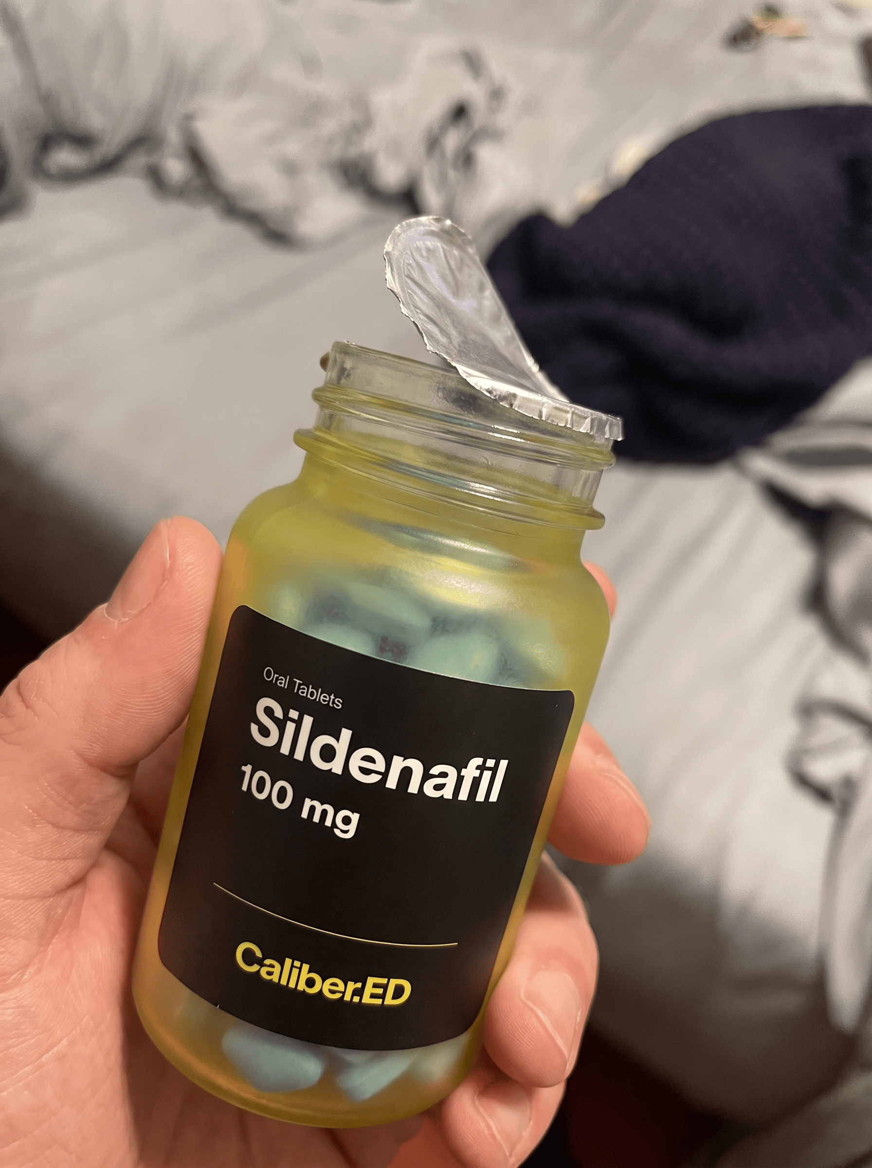A bottle of Caliber.ED Sildenafil 100 mg tablets